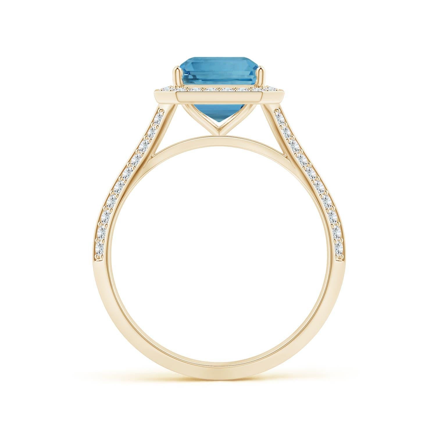 ANGARA Anillo de oro amarillo con halo de aguamarina natural talla esmeralda certificada por GIA  2