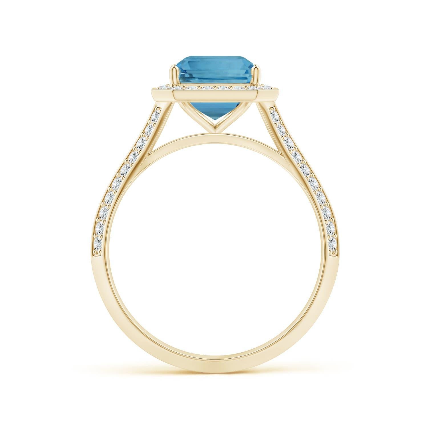 ANGARA GIA Certified Natural Emerald-Cut Aquamarine Halo Ring in Yellow Gold 2