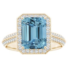 ANGARA GIA Certified Natural Emerald-Cut Aquamarine Halo Ring in Yellow Gold