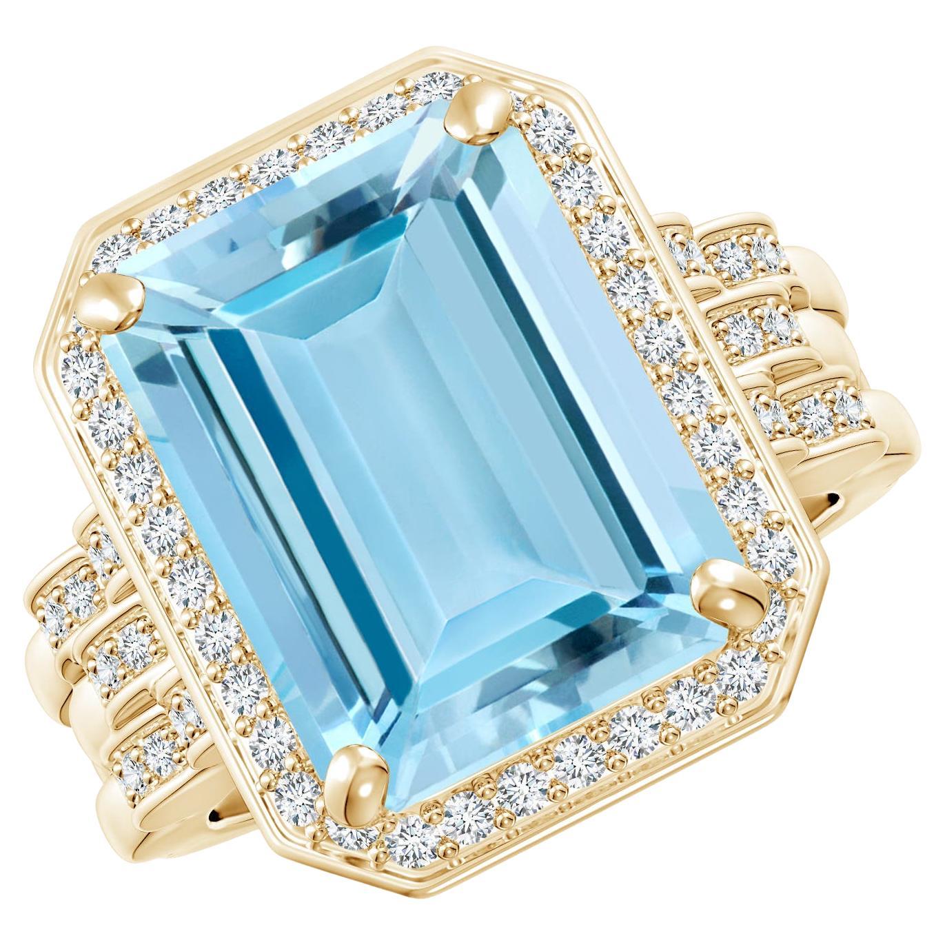 For Sale:  ANGARA GIA Certified Natural Emerald Cut Aquamarine Halo Ring in Yellow Gold