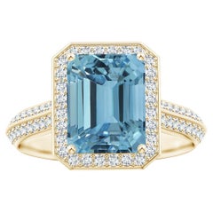 ANGARA GIA Certified Natural Emerald-Cut Aquamarine Halo Ring in Yellow Gold