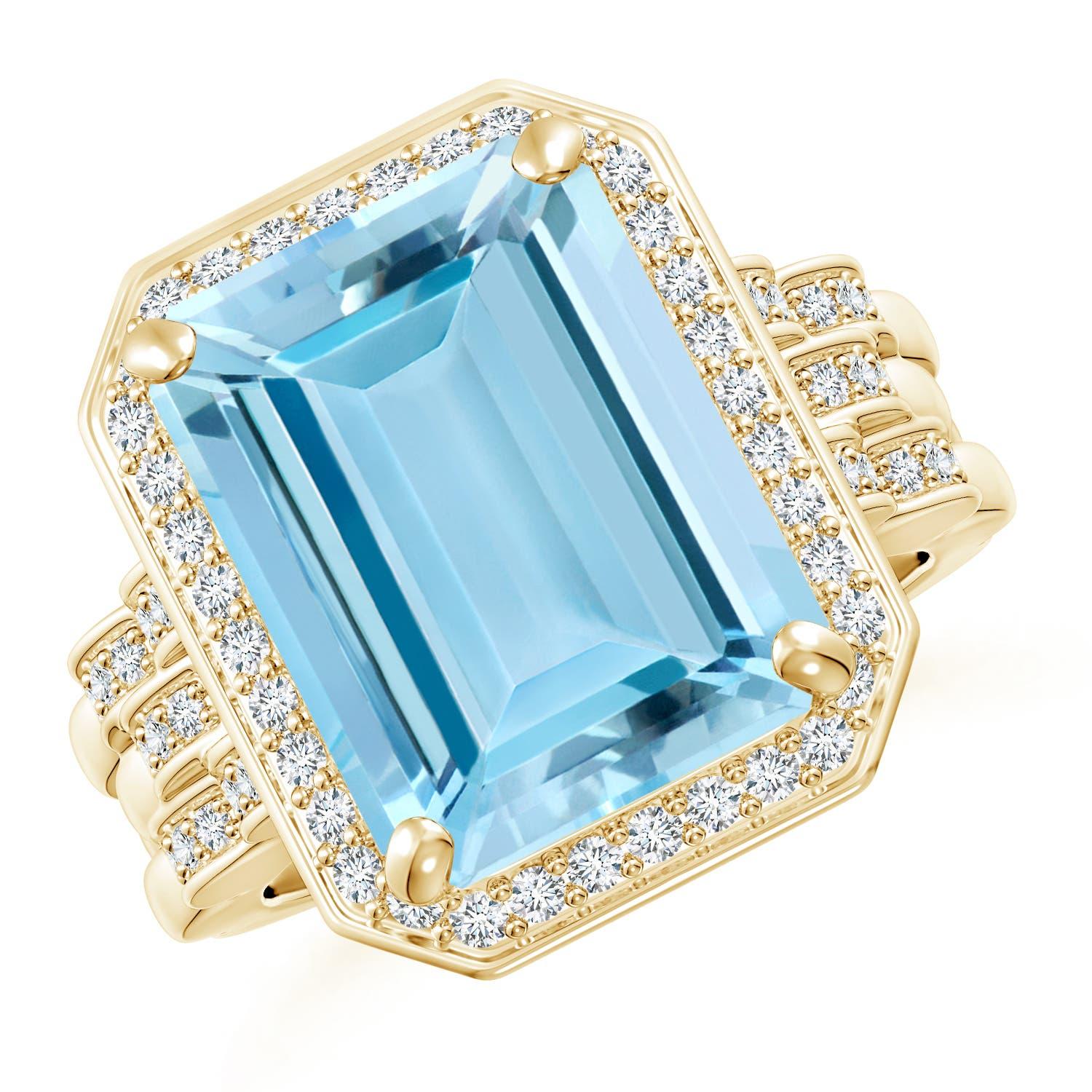 For Sale:  ANGARA GIA Certified Natural Emerald Cut Aquamarine Halo Ring in Yellow Gold