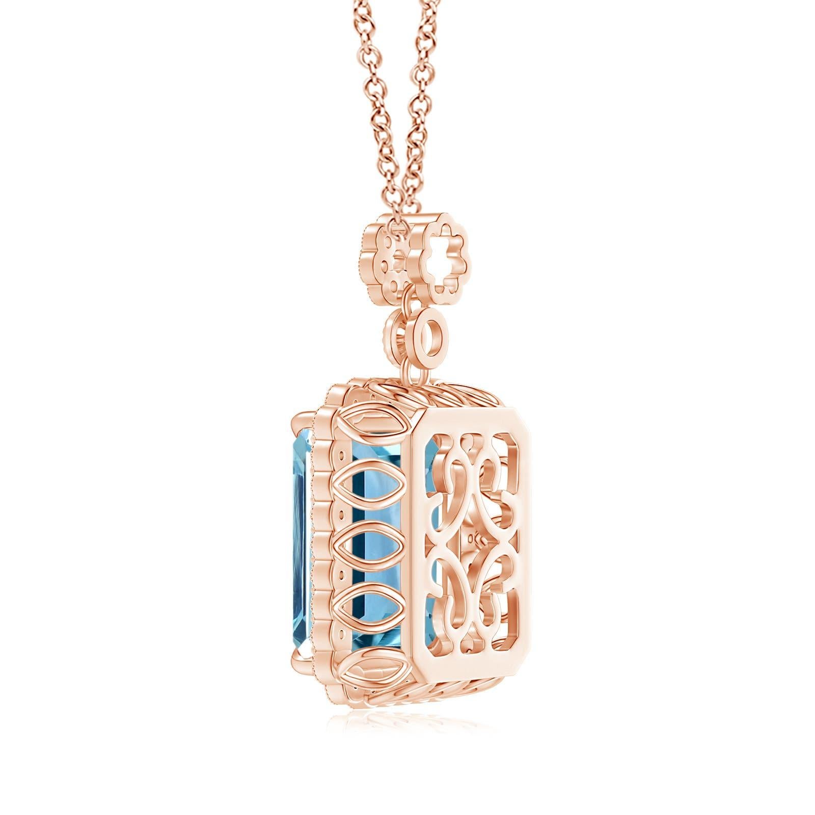GIA Certified Emerald cut Aquamarine Pendant with Floral Bale
