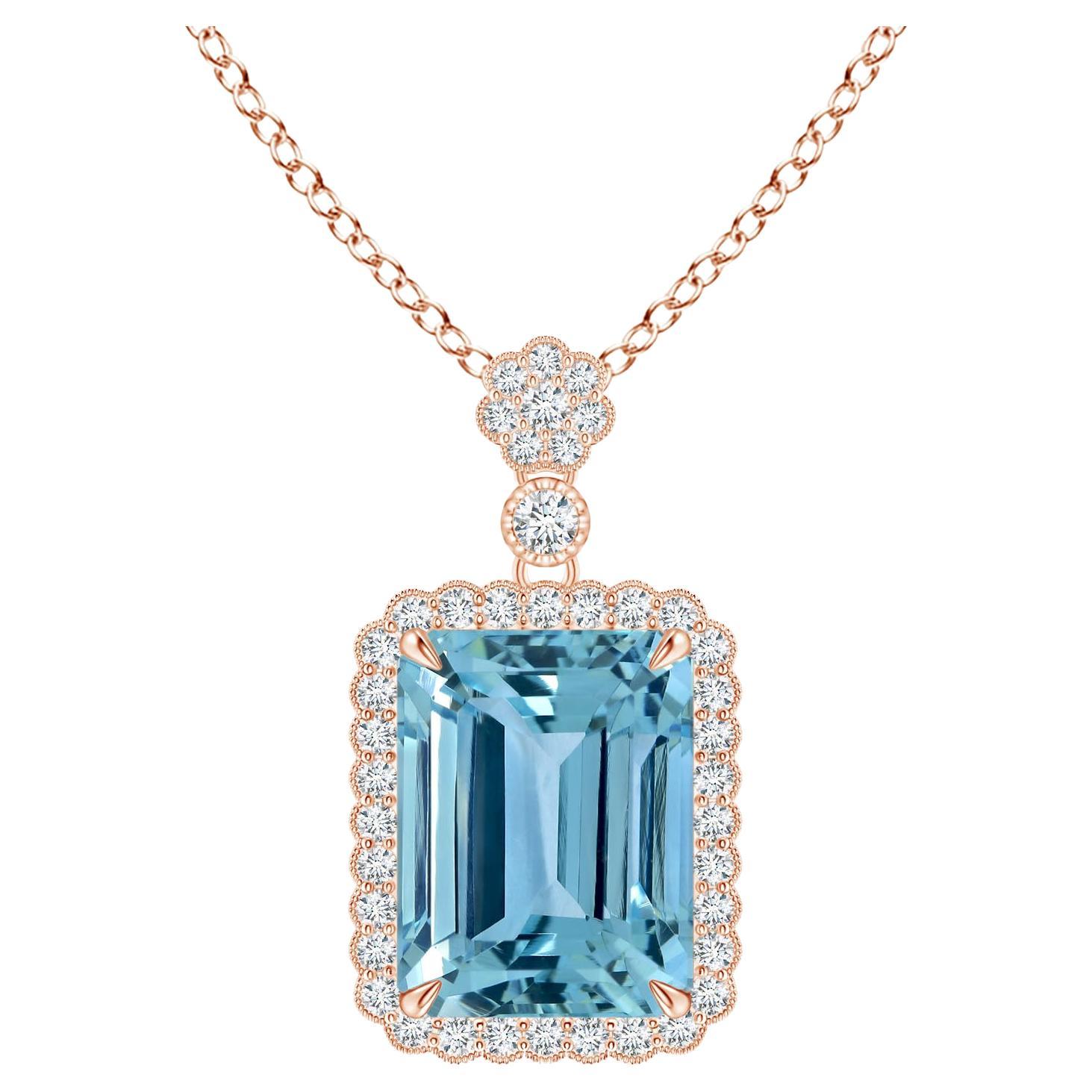 Angara Gia Certified Natural Emerald Cut Aquamarine Rose Gold Pendant Necklace For Sale