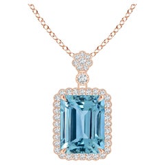 Angara Gia Certified Natural Emerald Cut Aquamarine Rose Gold Pendant Necklace