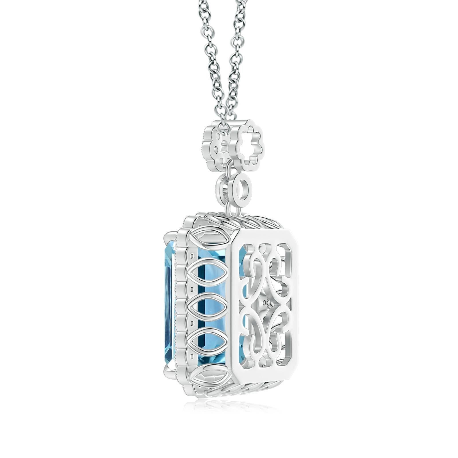 GIA Certified Emerald cut Aquamarine Pendant with Floral Bale
