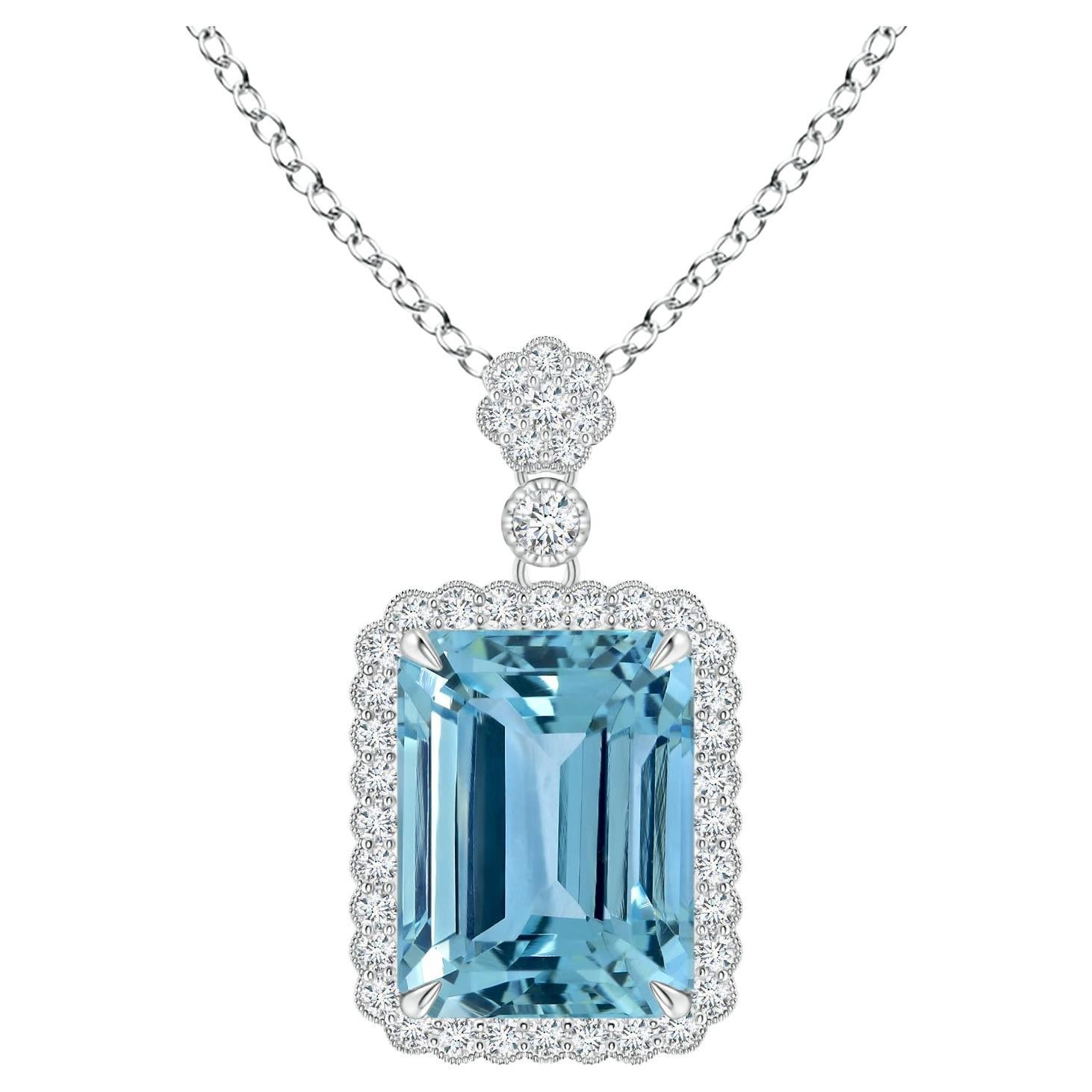 Angara Gia Certified Natural Emerald Cut Aquamarine White Gold Pendant Necklace For Sale