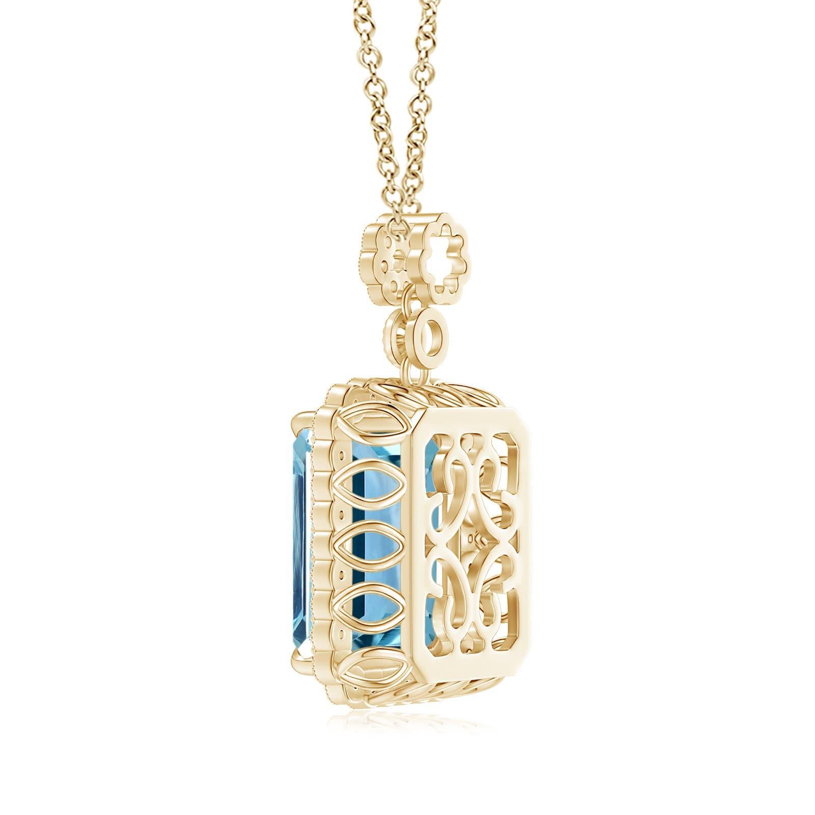 GIA Certified Emerald cut Aquamarine Pendant with Floral Bale
