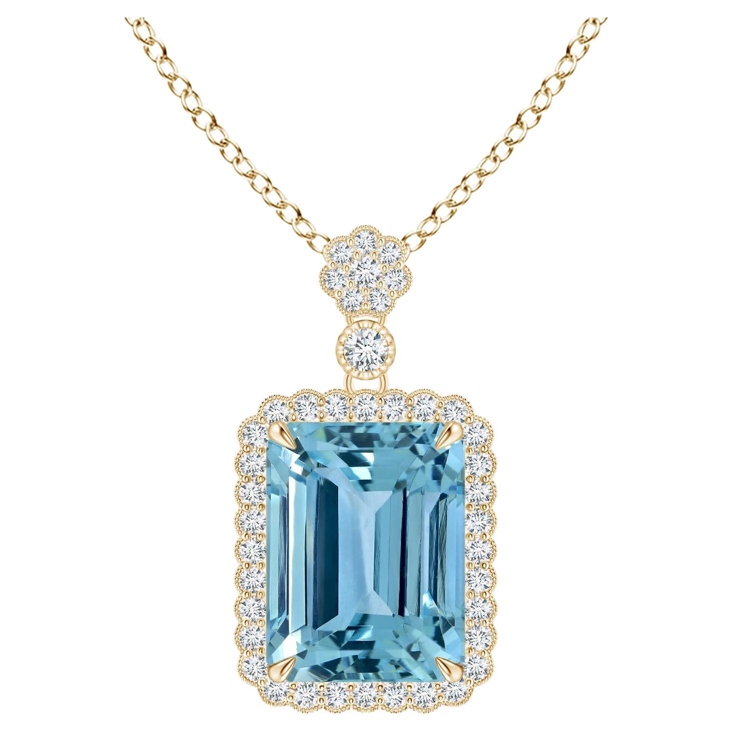 Angara GIA Certified Natural Emerald cut Aquamarine Yellow Gold Pendant Necklace For Sale