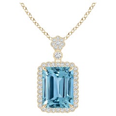 Angara GIA Certified Natural Emerald cut Aquamarine Yellow Gold Pendant Necklace