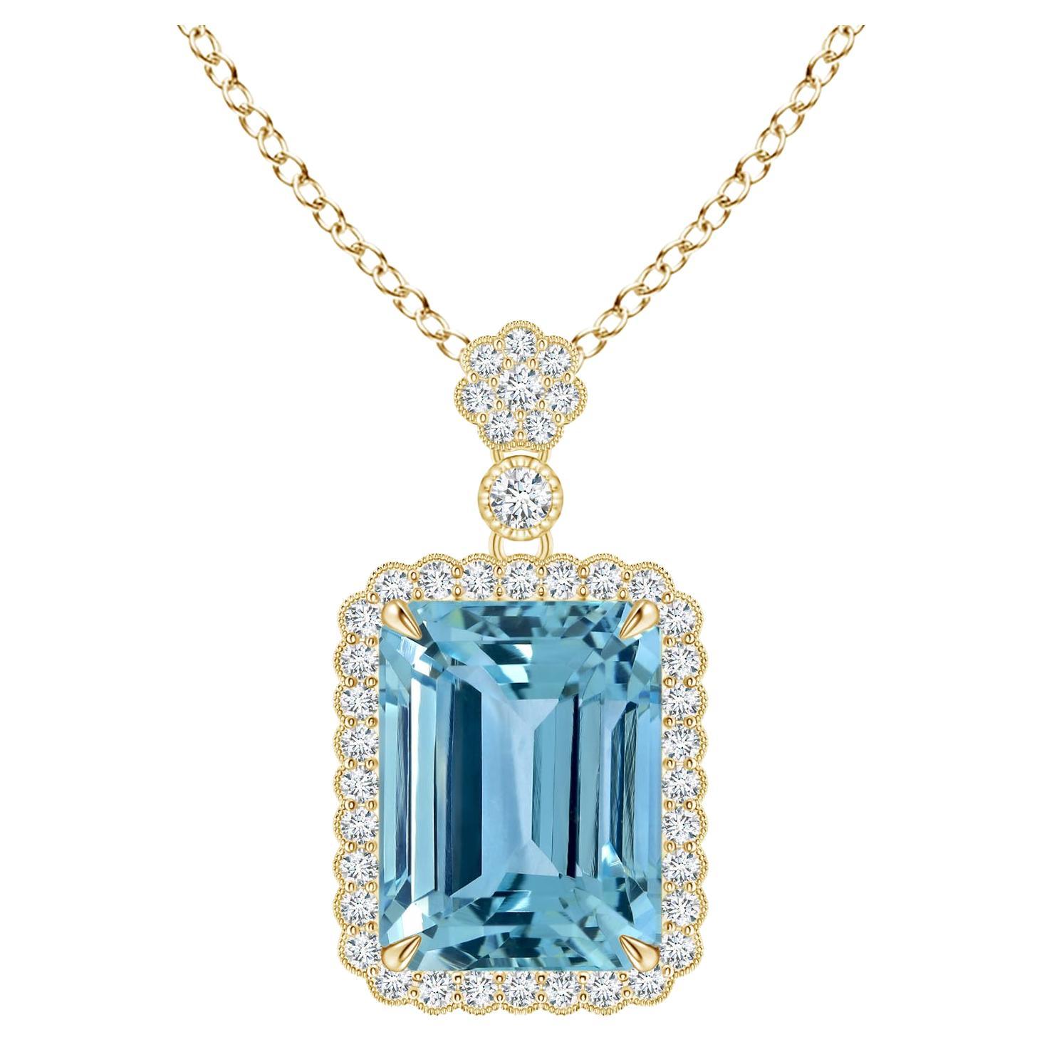 Angara GIA Certified Natural Emerald Cut Aquamarine Yellow Gold Pendant Necklace For Sale
