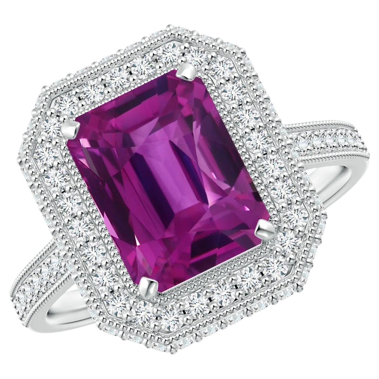 For Sale:  Angara Gia Certified Natural Emerald Cut Pink Sapphire Halo Ring in Platinum