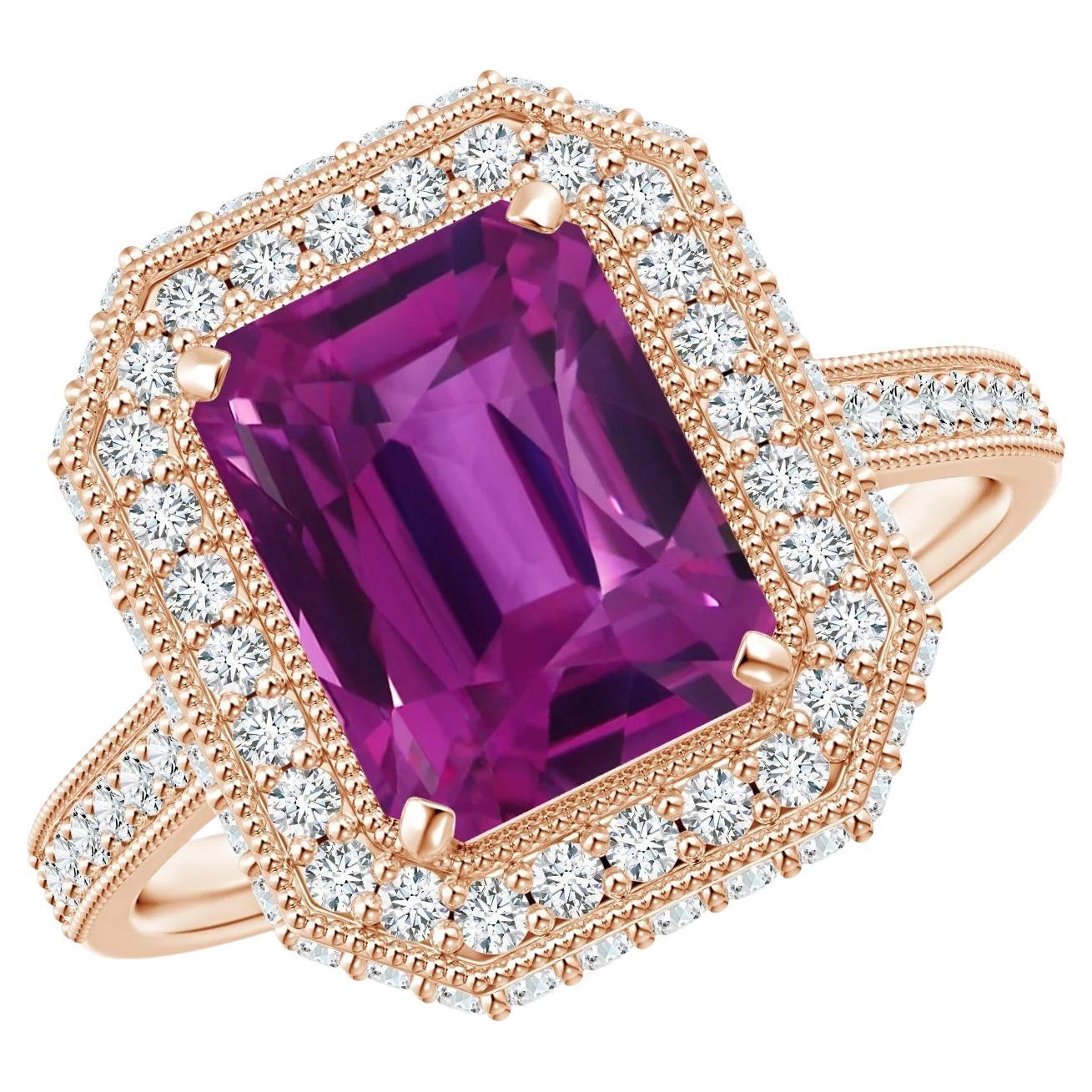 For Sale:  ANGARA GIA Certified Natural Emerald Cut Pink Sapphire Halo Ring in Rose Gold