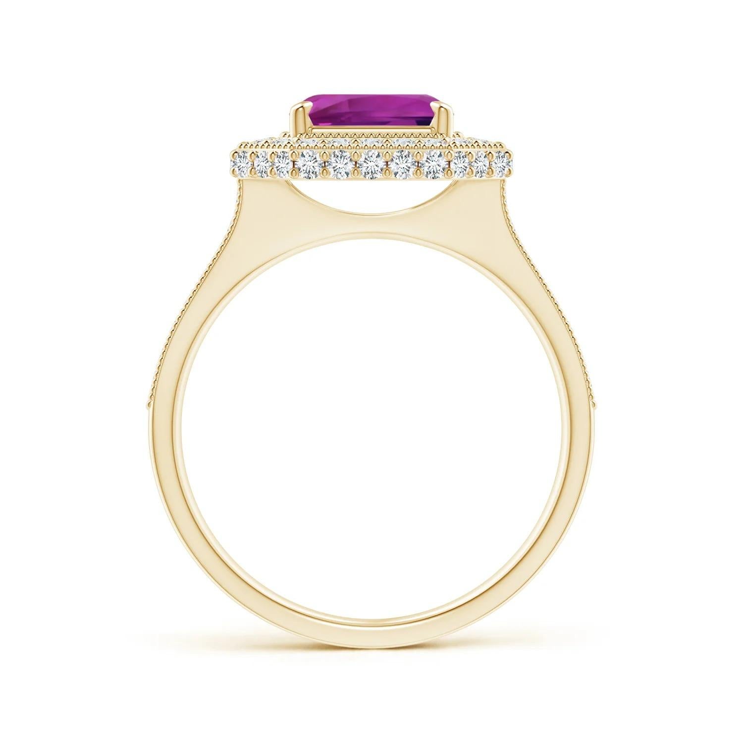 For Sale:  GIA Certified Natural Emerald Cut Pink Sapphire Halo Ring in Yellow Gold 2
