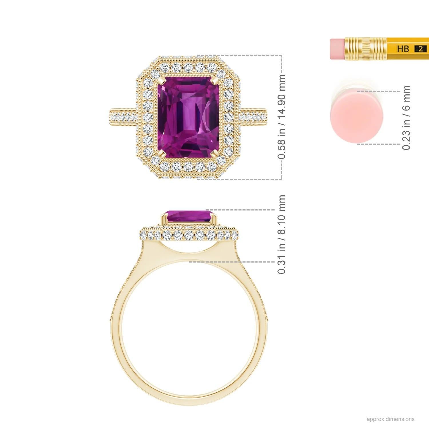 For Sale:  GIA Certified Natural Emerald Cut Pink Sapphire Halo Ring in Yellow Gold 5