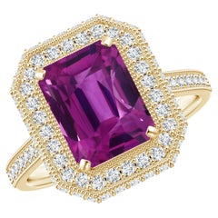 GIA Certified Natural Emerald Cut Pink Sapphire Halo Ring in Yellow Gold