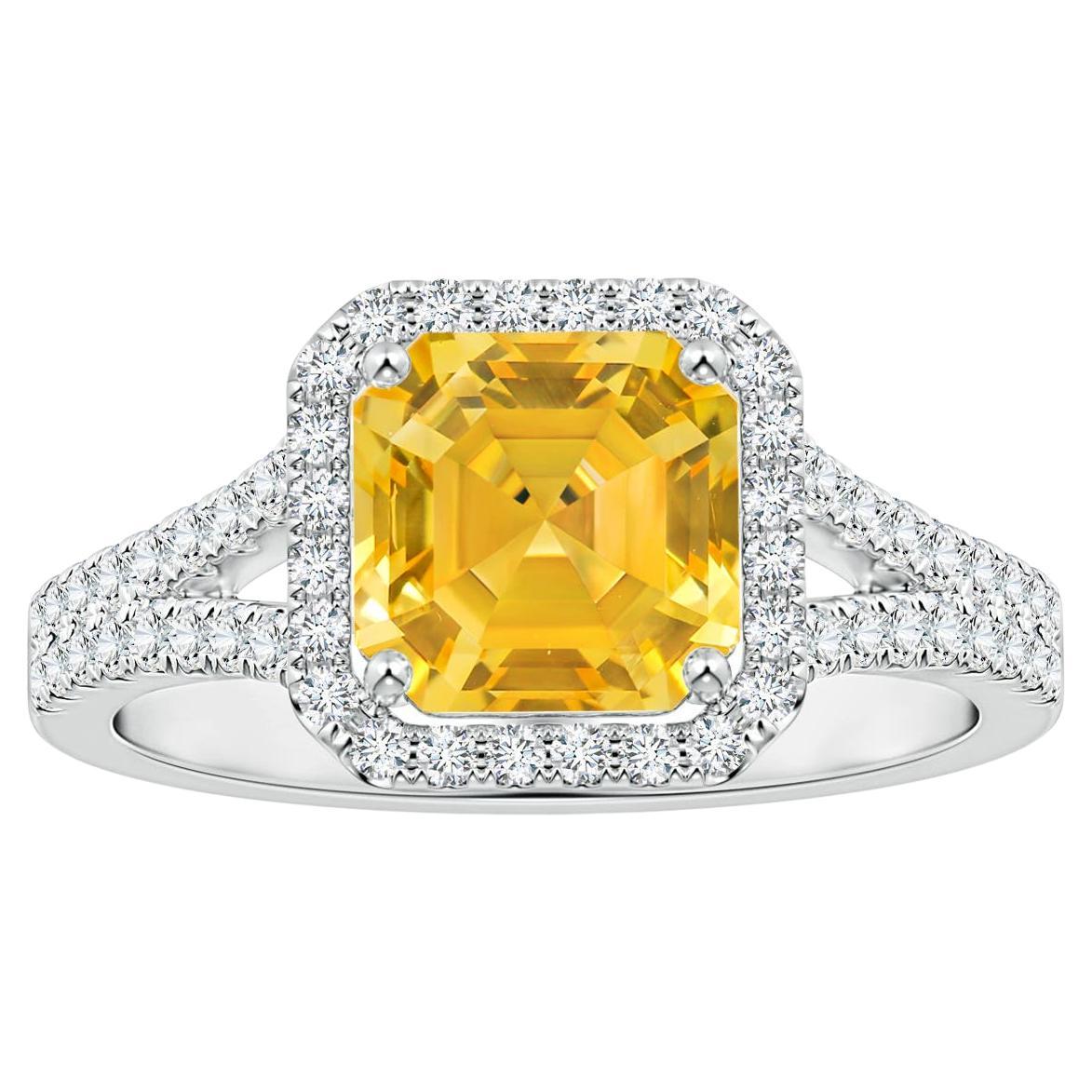 For Sale:  Angara GIA Certified Natural Emerald-Cut Yellow Sapphire Halo Ring in Platinum