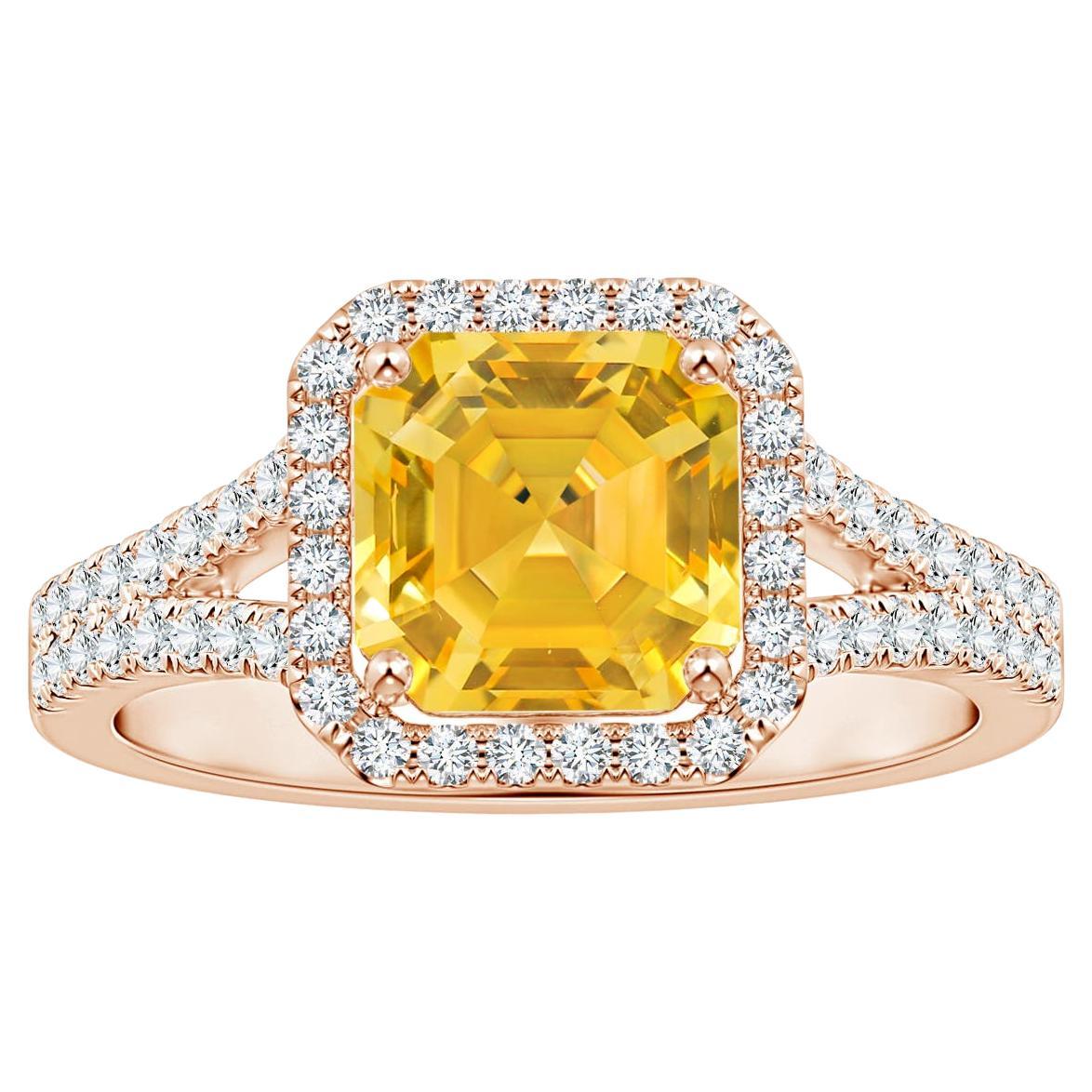 Angara GIA Certified Natural Emerald-Cut Yellow Sapphire Rose Gold Halo Ring 