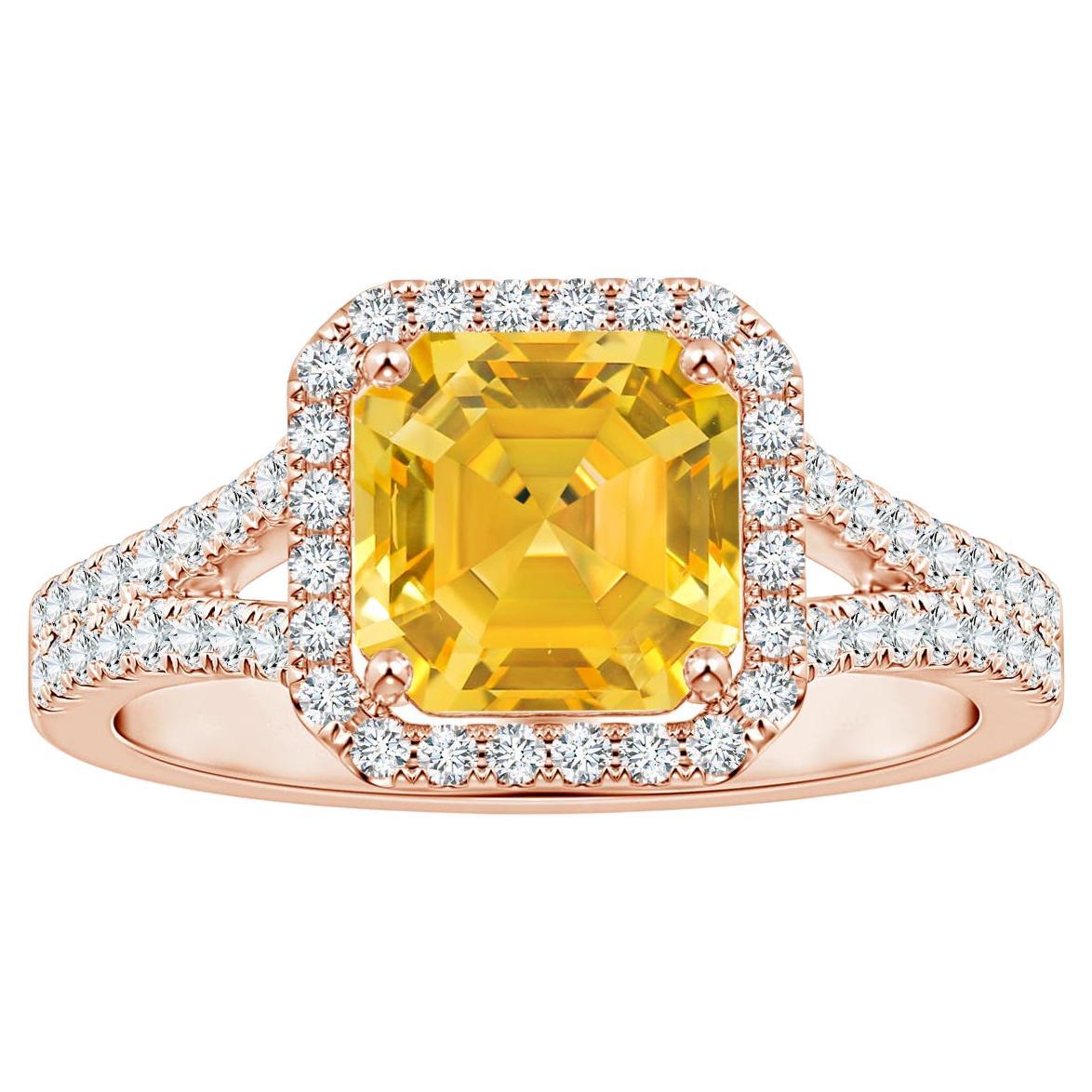 For Sale:  Angara Gia Certified Natural Emerald-Cut Yellow Sapphire Rose Gold Halo Ring