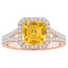 Angara Gia Certified Natural Emerald-Cut Yellow Sapphire Rose Gold Halo Ring