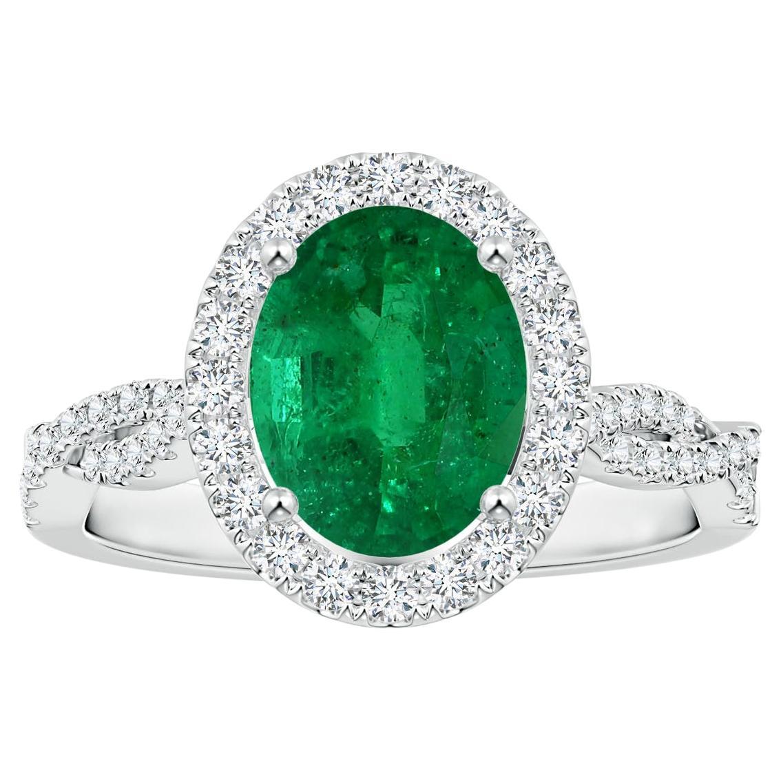 For Sale:  ANGARA GIA Certified Natural Emerald Halo Ring in Platinum with Diamond Shank
