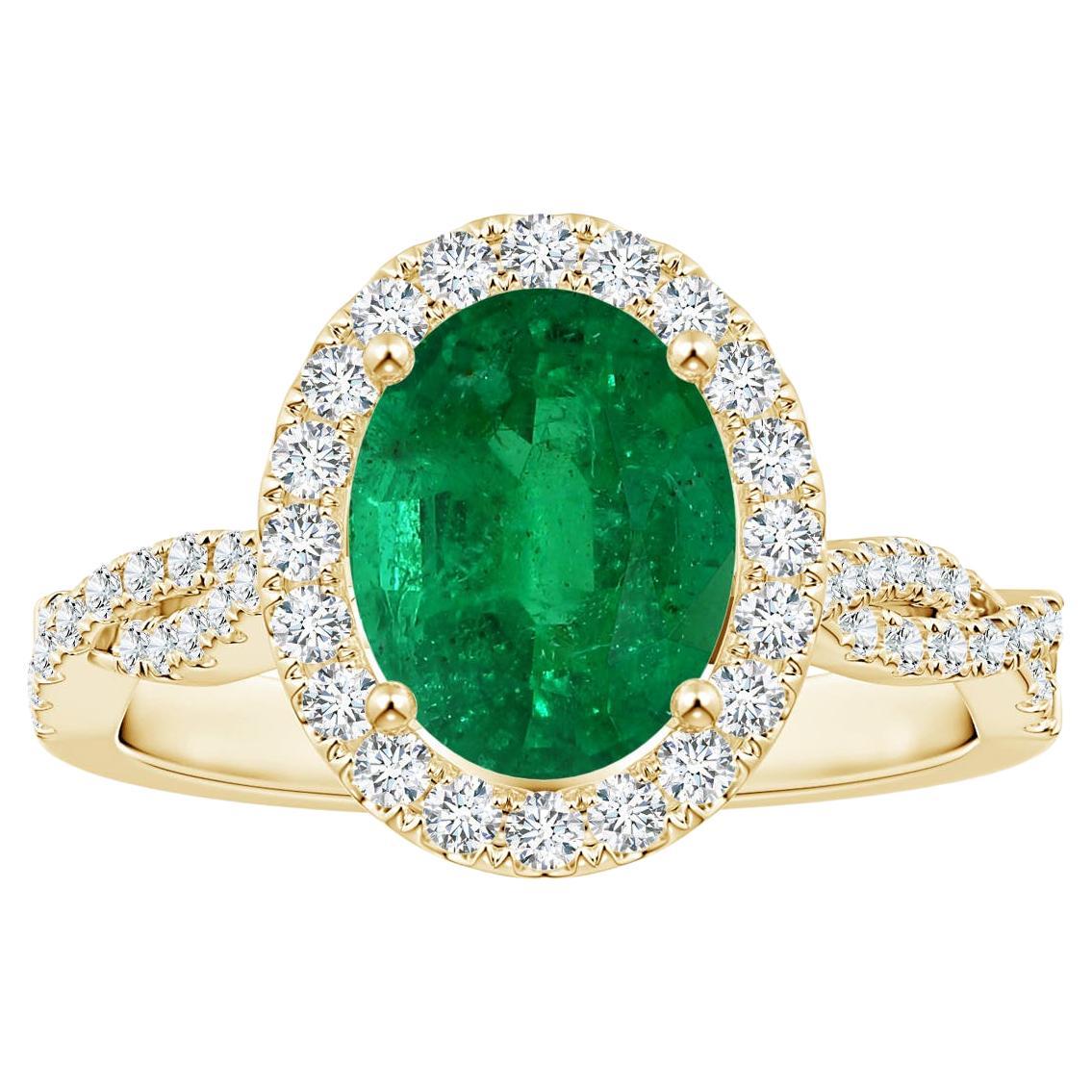 ANGARA GIA zertifizierter natürlicher Smaragd-Halo-Ring aus Gelbgold mit Diamant-Schnalle
