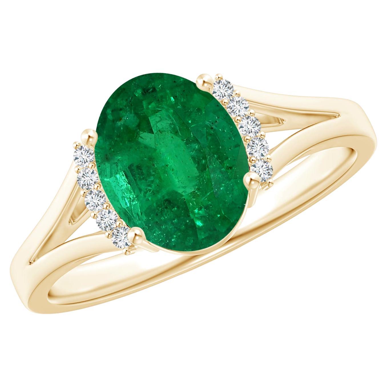 For Sale:  ANGARA GIA Certified Natural Emerald Ring in Yellow Gold with Diamond Collar