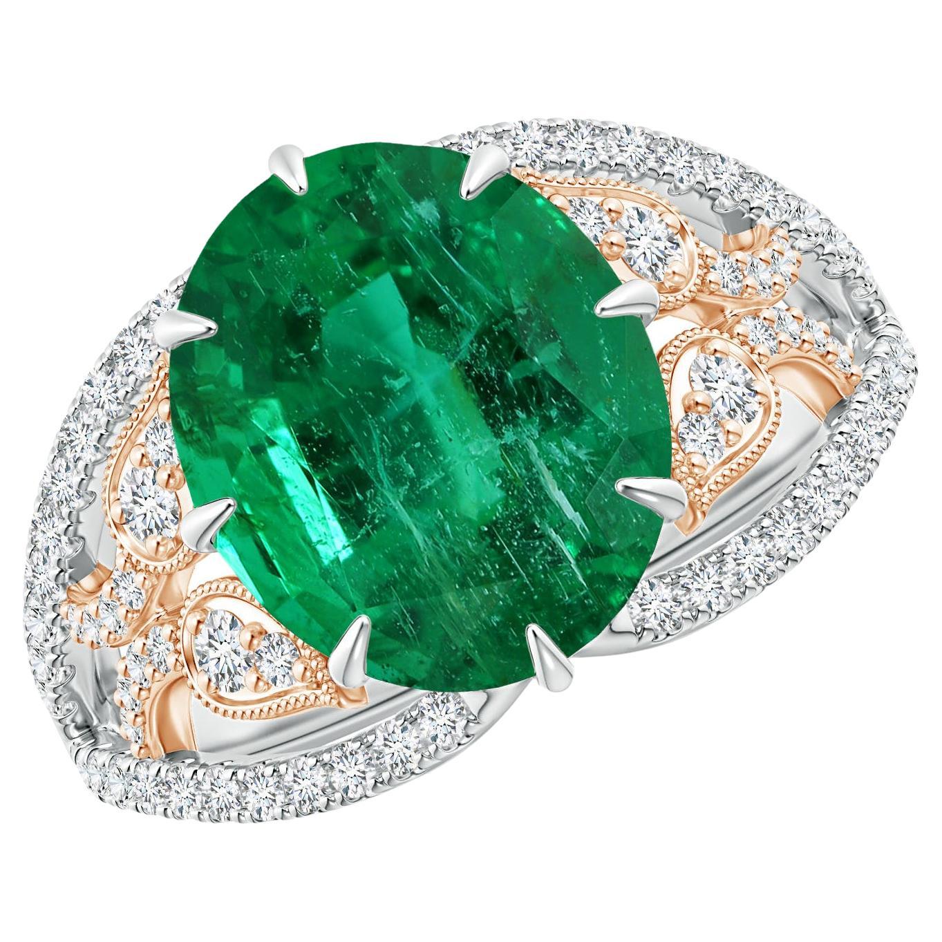 GIA Certified Natural Emerald Solitaire Rose Gold Ring with Leaf Motifs