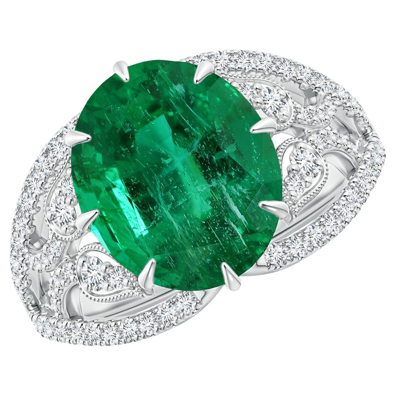 For Sale:  Angara GIA Certified Natural Emerald Solitaire White Gold Ring with Leaf Motifs