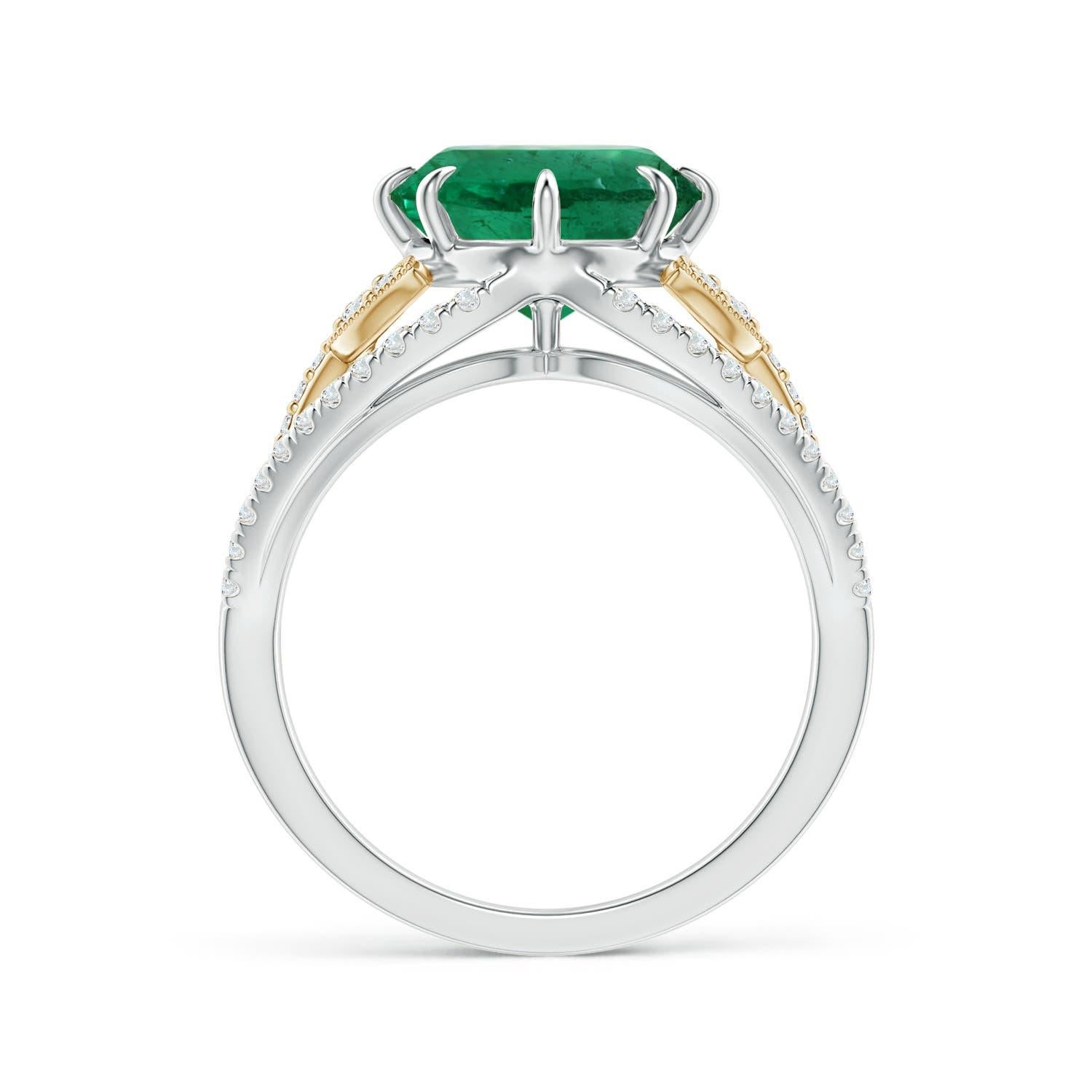 GIA Certified Natural Emerald Solitaire 14K Yellow White Gold Ring Leaf Motifs 2