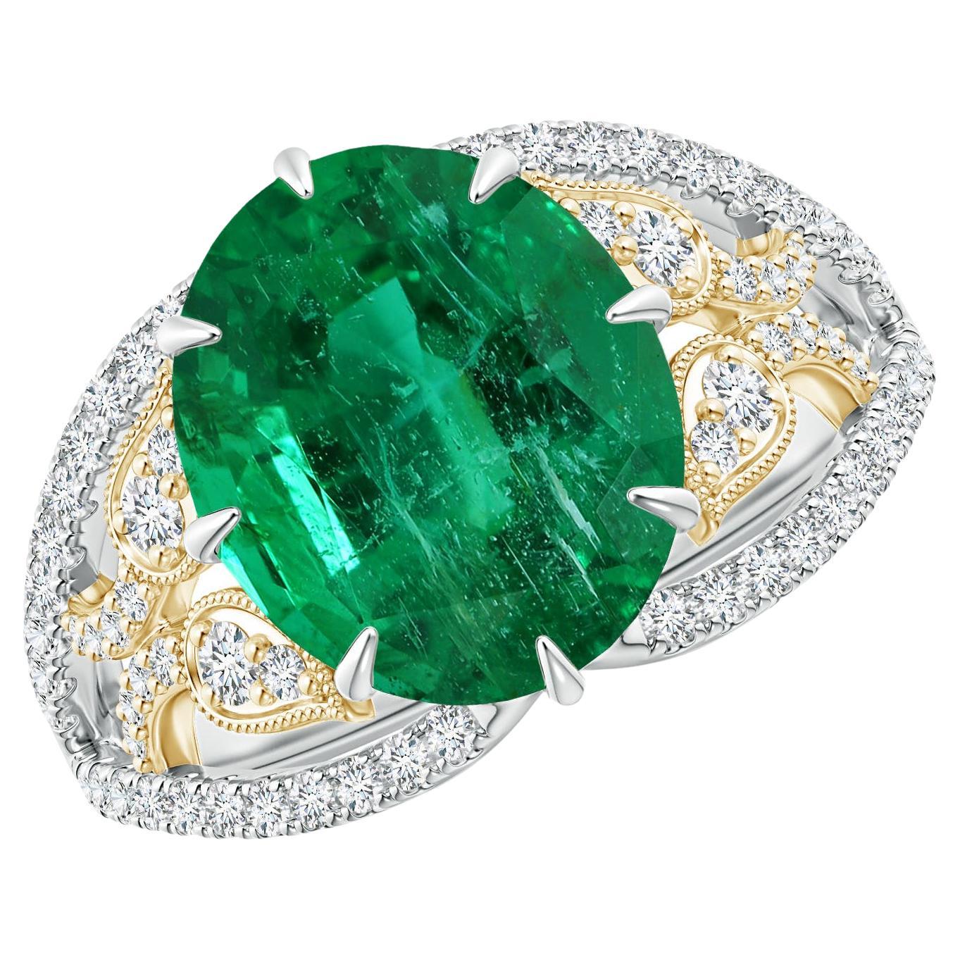 For Sale:  Angara GIA Certified Natural Emerald Solitaire Yellow Gold Ring with Leaf Motifs