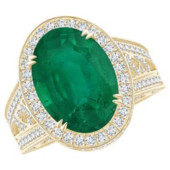 Angara Gia Certified Natural Emerald Vintage Style Split Shank Yellow Gold Ring