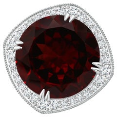Angara Gia Certified Natural Garnet White Gold Cocktail Ring with Cushion Halo