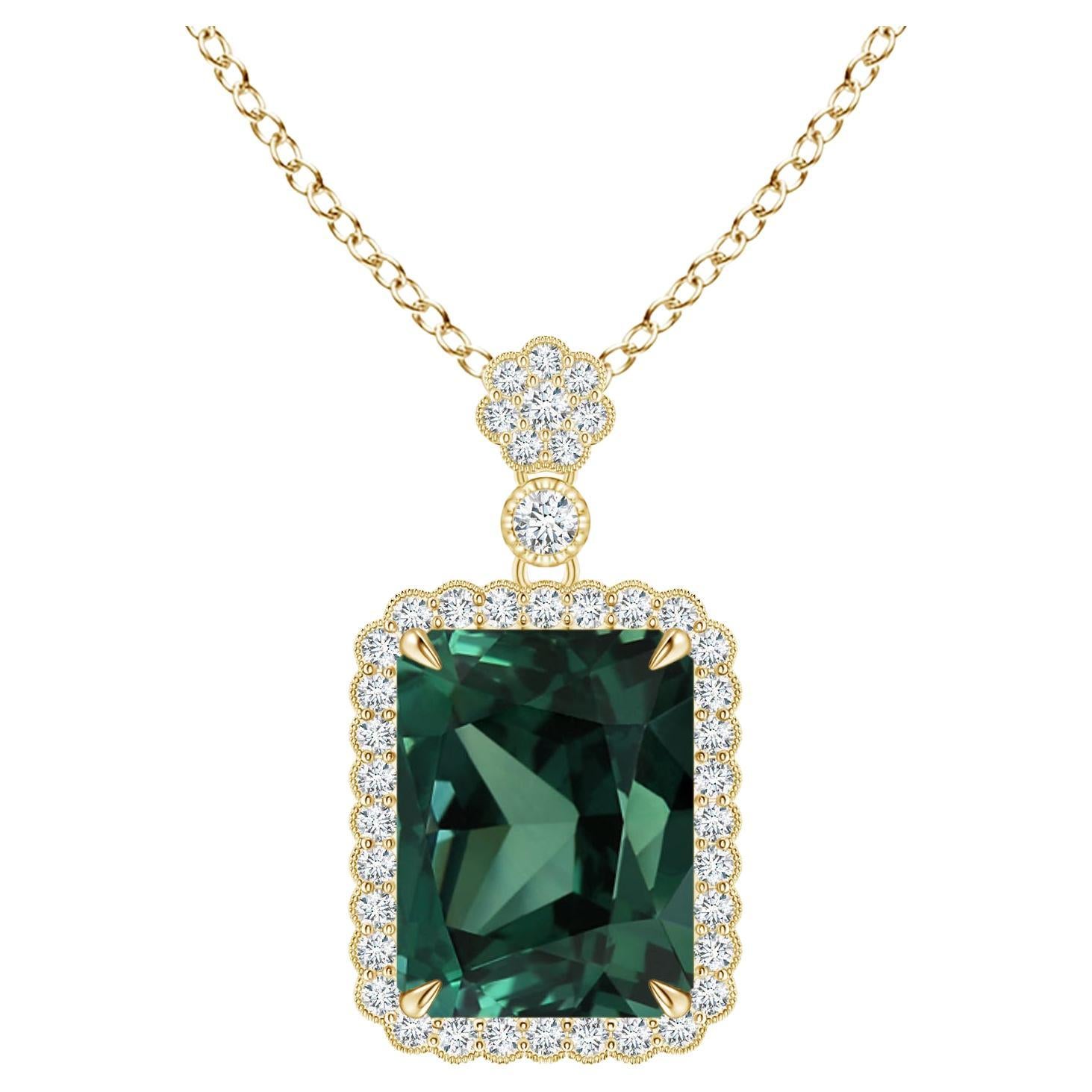Angara Gia Certified Natural Green Sapphire 'Teal' Yellow Gold Pendant Necklace For Sale
