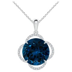 GIA Certified Natural London Blue Topaz Clover Halo Pendant in Platinum