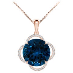 GIA Certified Natural London Blue Topaz Clover Halo Pendant in Rose Gold