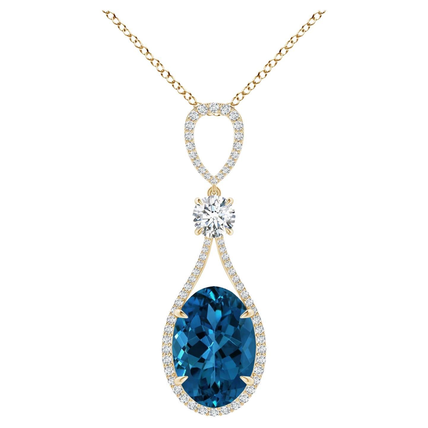Angara Gia Certified Natural London Blue Topaz Yellow Gold Pendant Necklace For Sale