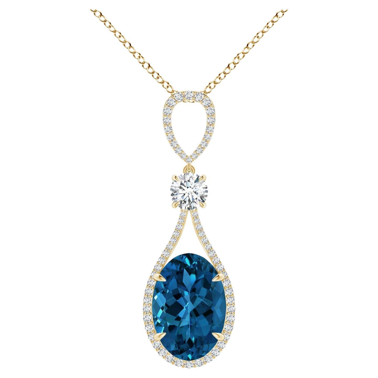 Angara GIA Certified Natural London Blue Topaz Yellow Gold Pendant Necklace For Sale