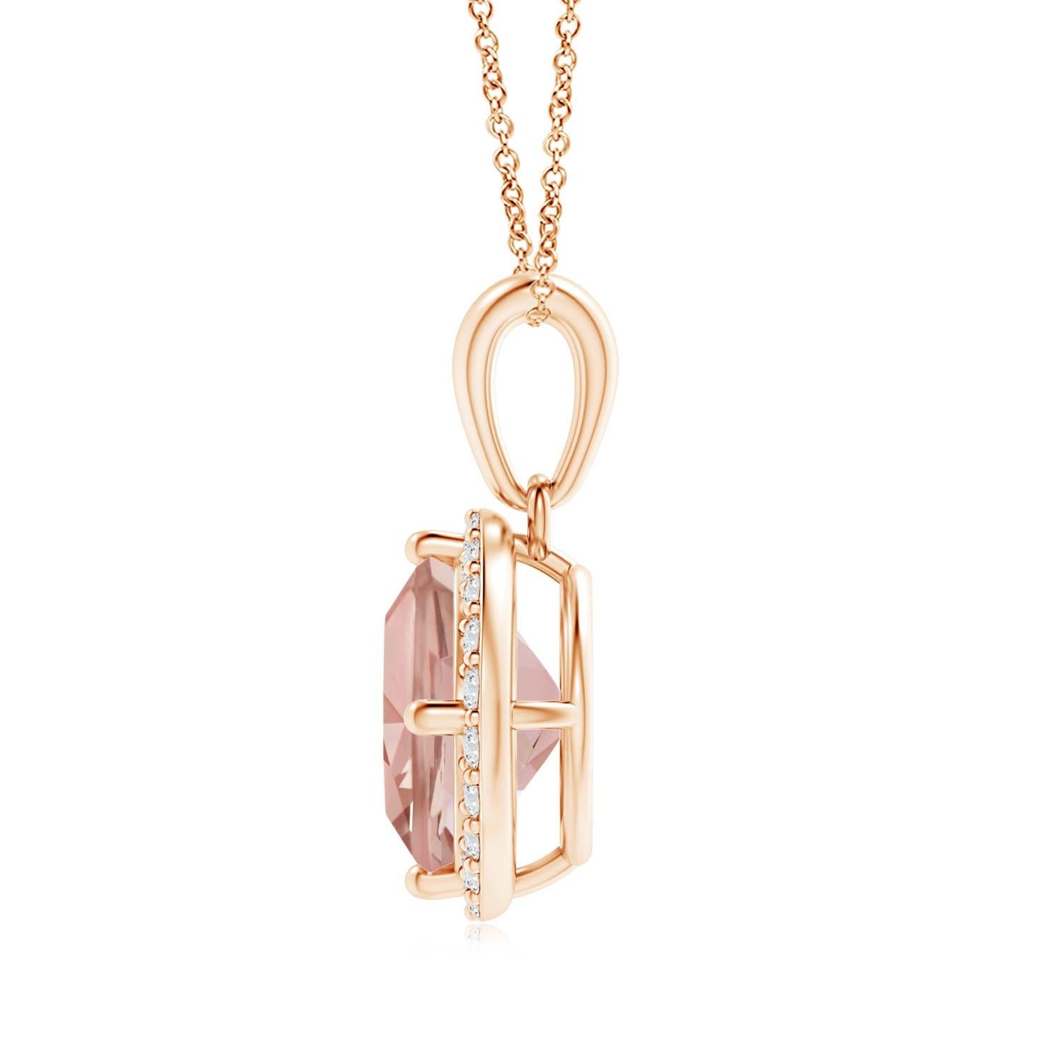 Hanging from a plain lustrous bale, this morganite and diamond halo pendant in 18k rose gold exudes a distinctive appeal. The cushion morganite is secured sideways in a claw prong setting and surrounded by a halo of diamond accents.
