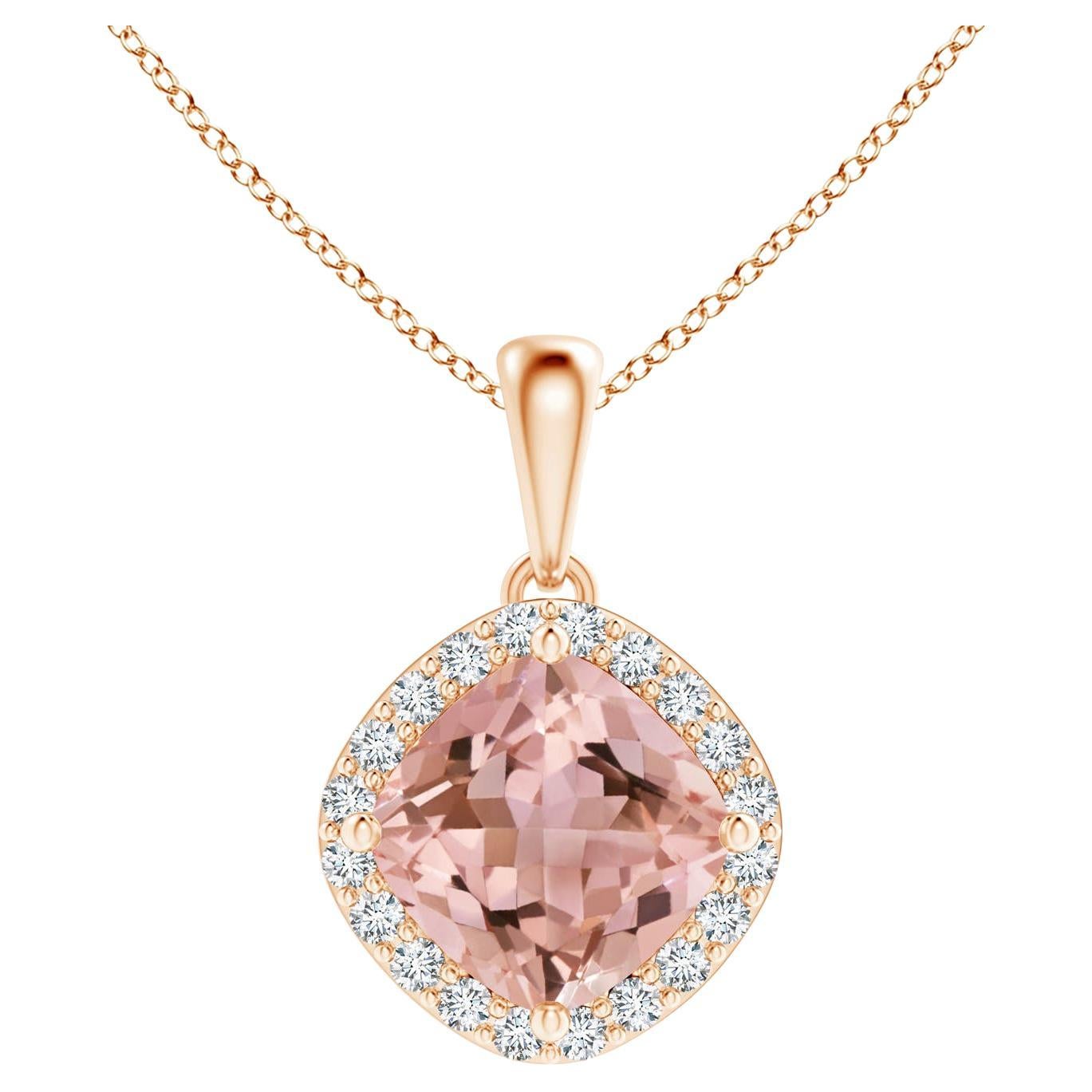 GIA Certified Natural Morganite and Diamond Halo Pendant in Rose Gold For Sale