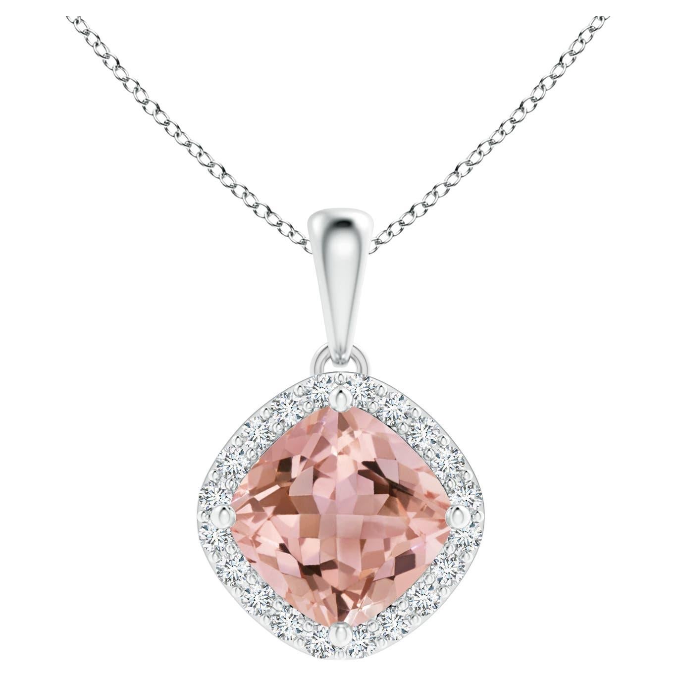 Angara GIA Certified Natural Morganite and Diamond Halo Pendant in White Gold For Sale