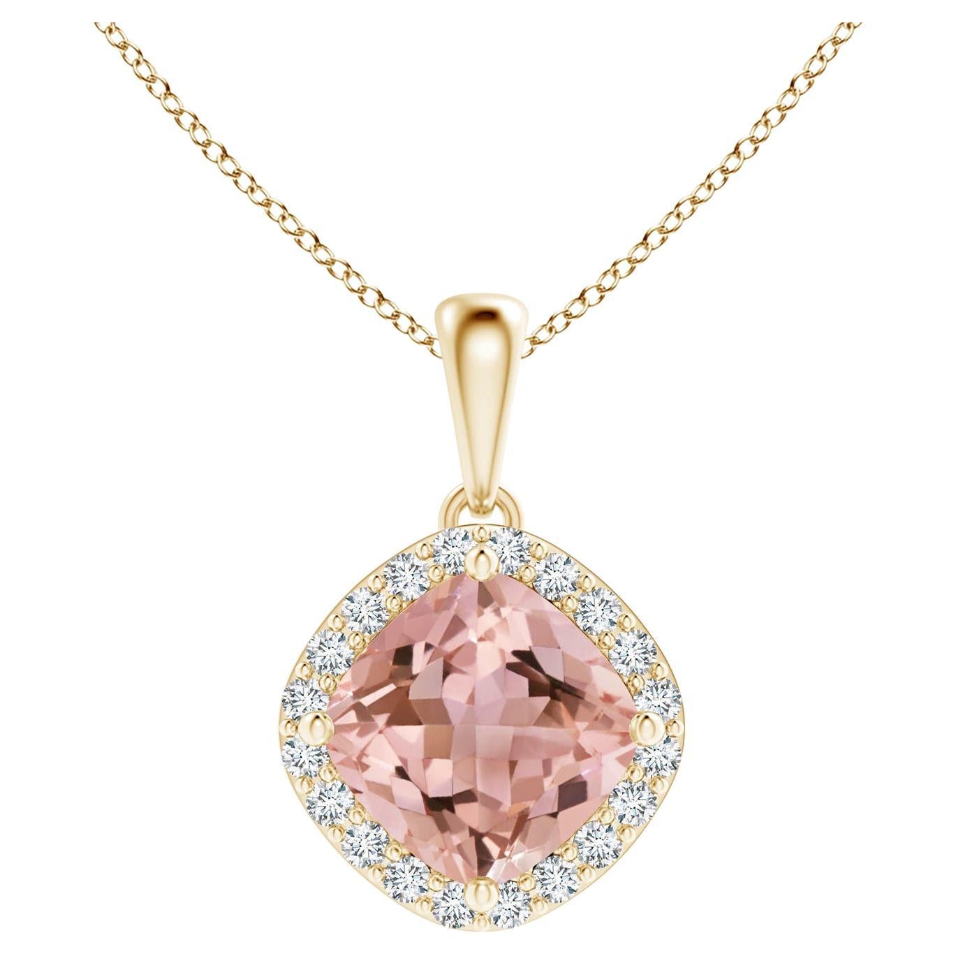 GIA Certified Natural Morganite and Diamond Halo Pendant in Yellow Gold