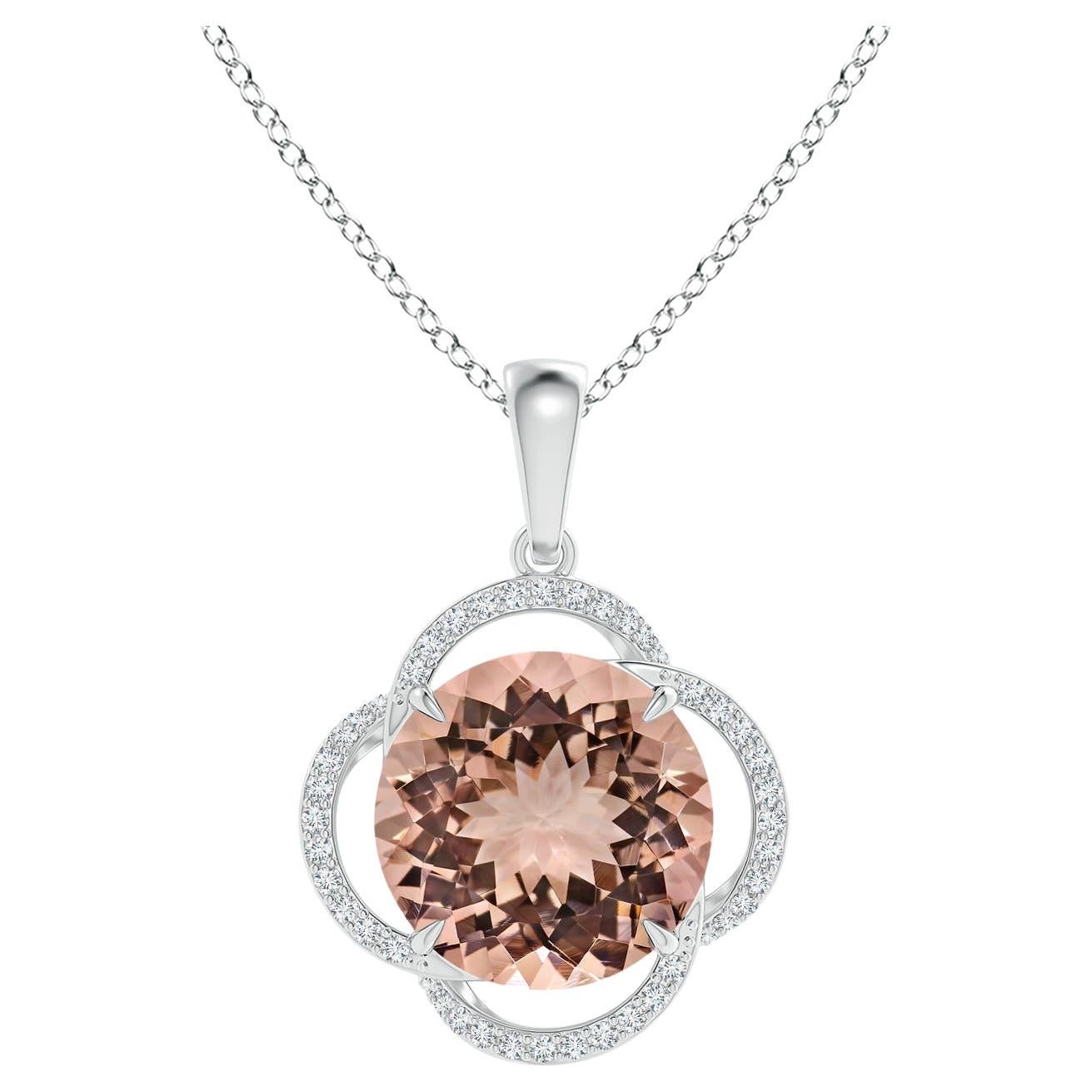 GIA Certified Natural Morganite Clover Halo Pendant in White Gold for Her For Sale