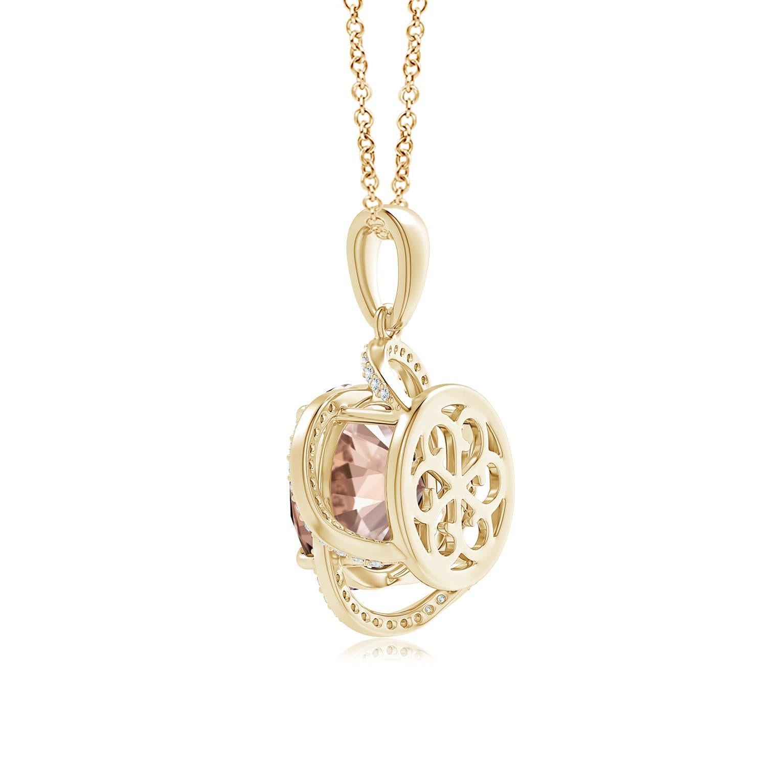 GIA Certified Natural Morganite Clover Halo Pendant in Yellow Gold In New Condition For Sale In Los Angeles, CA