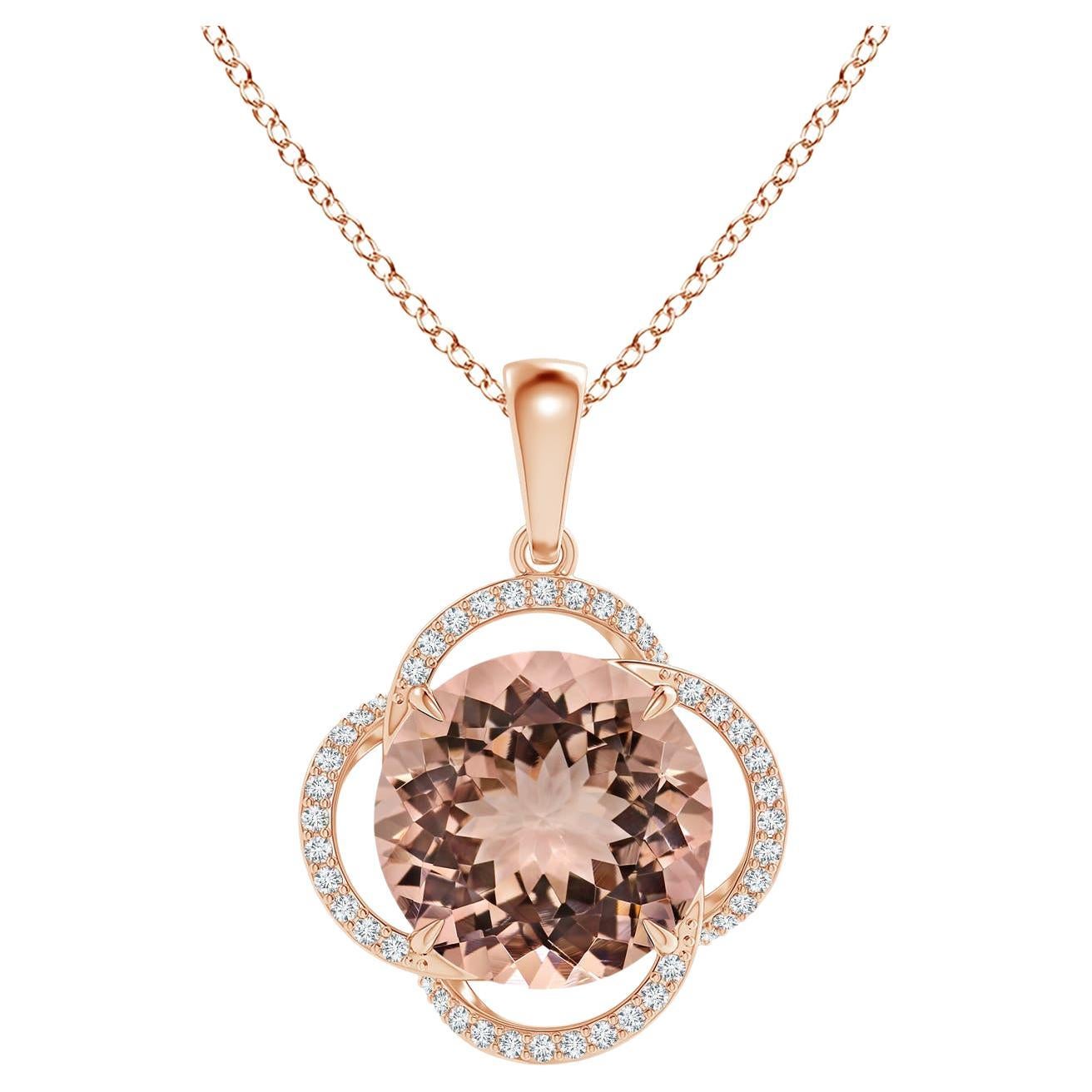 Angara GIA Certified Natural Morganite Clover Halo Rose Gold Pendant Necklace For Sale