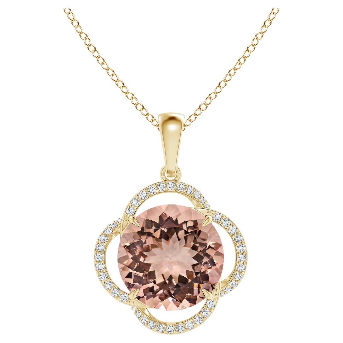 Angara Gia Certified Natural Morganite Clover Halo Yellow Gold Pendant Necklace For Sale