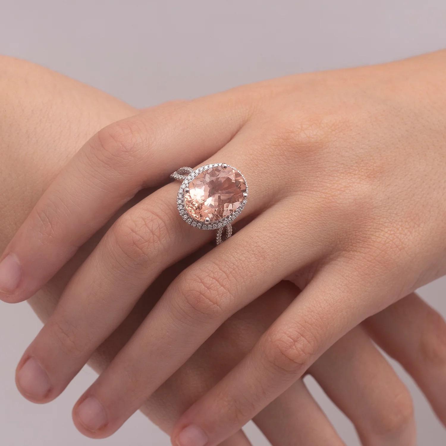 For Sale:  Angara GIA Certified Natural Morganite & Diamond Halo Cocktail Yello Gold Ring 3