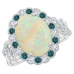 Angara GIA Certified Natural Opal Ring in White Gold with Blue & White Diamonds