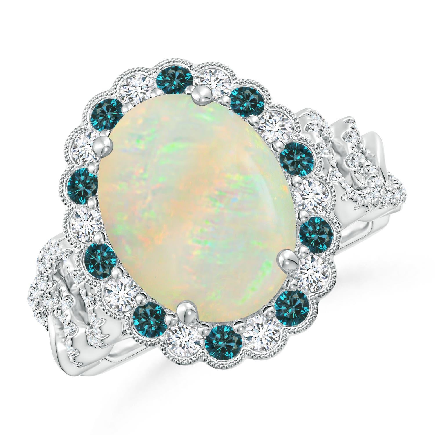 GIA Certified Natural Opal Ring in White Gold with Blue & White Diamonds