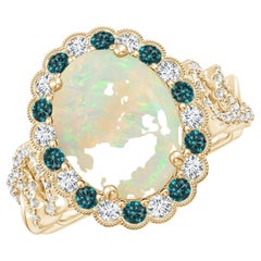 GIA Certified Natural Opal Ring in Yellow Gold with Blue & White Diamonds